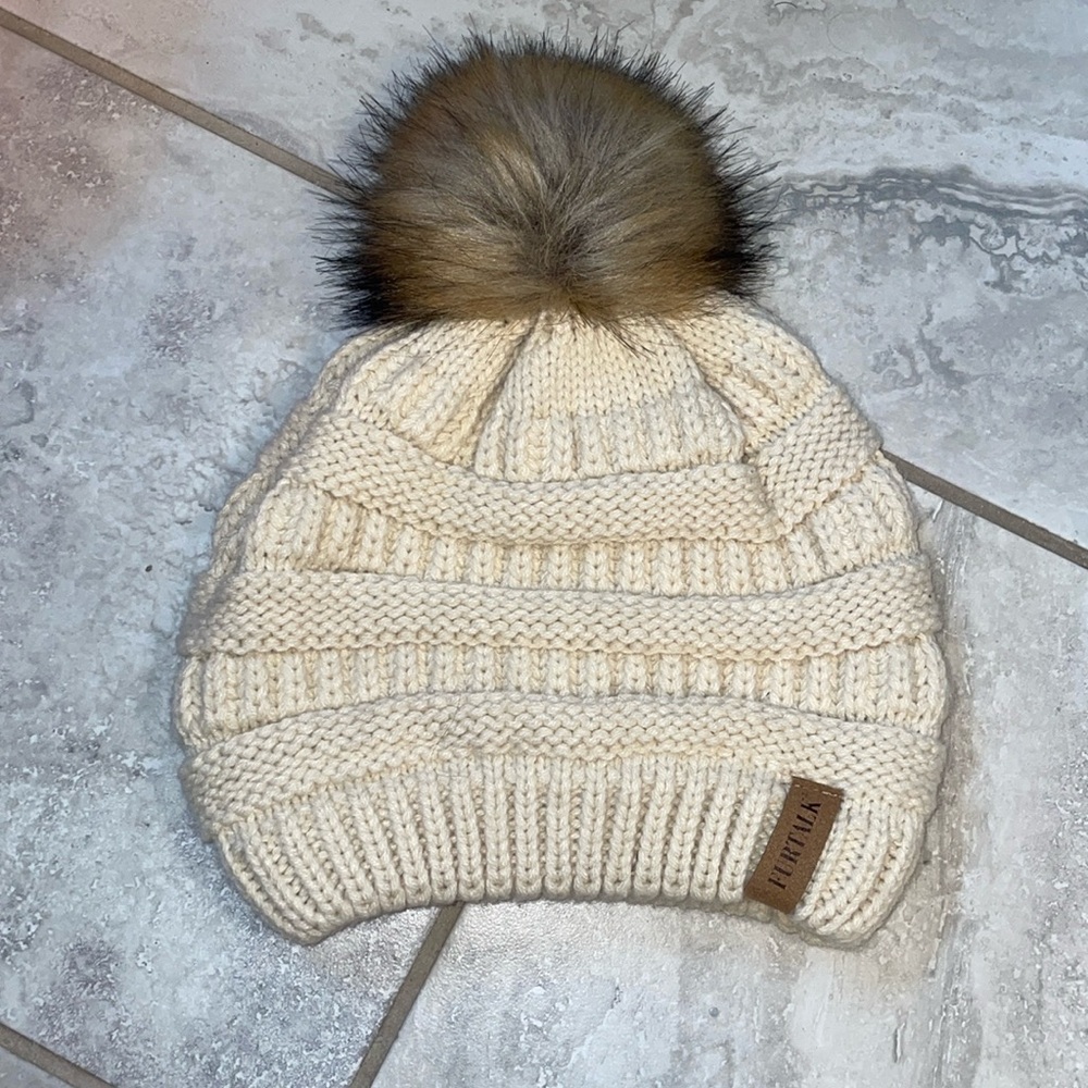 Cream beanie with Puff Ball